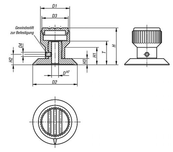 Rändelknopf mit Markierung Gr.1 D=5 Thermoplast, schwarz RAL7021, Komp: Aluminium, Komp: gelb RAL1021 - K0249.1057 - bekommst Du bei HUG Technik ♡