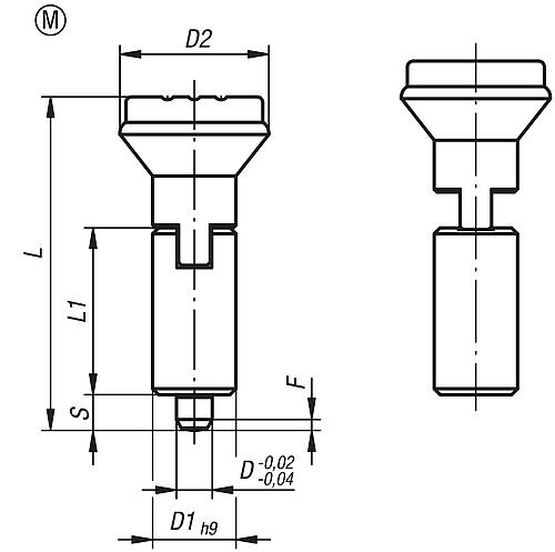 Arretierbolzen Gr.1, Form: M Edelstahl, gehärtet, Komp: Thermoplast, D1=12, D=5 - K0347.02105 - bei HUG Technik ✭