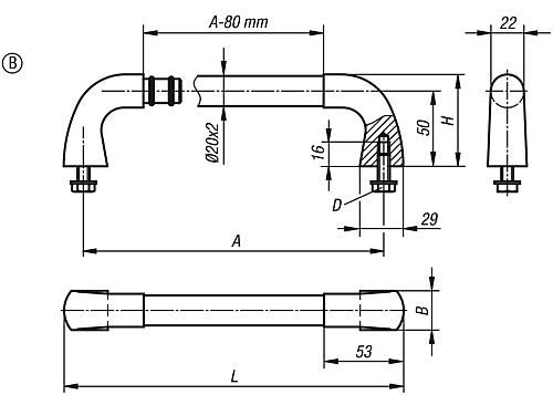 Rohrgriff, Form: B Edelstahl, geschliffen, A=200, D=M08x20 - K0227.200083 - bekommst Du bei HUG Technik ♡