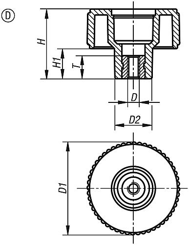 Rändelrad Gr.1 M05, Form: D Thermoplast, schwarz RAL7021, Komp: Edelstahl, D=40 - K0261.1105 - bei HUG Technik ✓