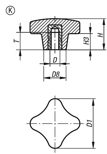 Kreuzgriff M12, Form: K Duroplast, Komp: Edelstahl - K1017.26312 - bei HUG Technik ☆