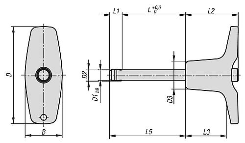 Kugelsperrbolzen mit T-Griff, D1=10, L=20, L1=8,9, L5=28,9, Edelstahl 1.4542, hohe Scherfestigkeit - K0792.216310020 - bekommst Du bei ★ HUG Technik ✓