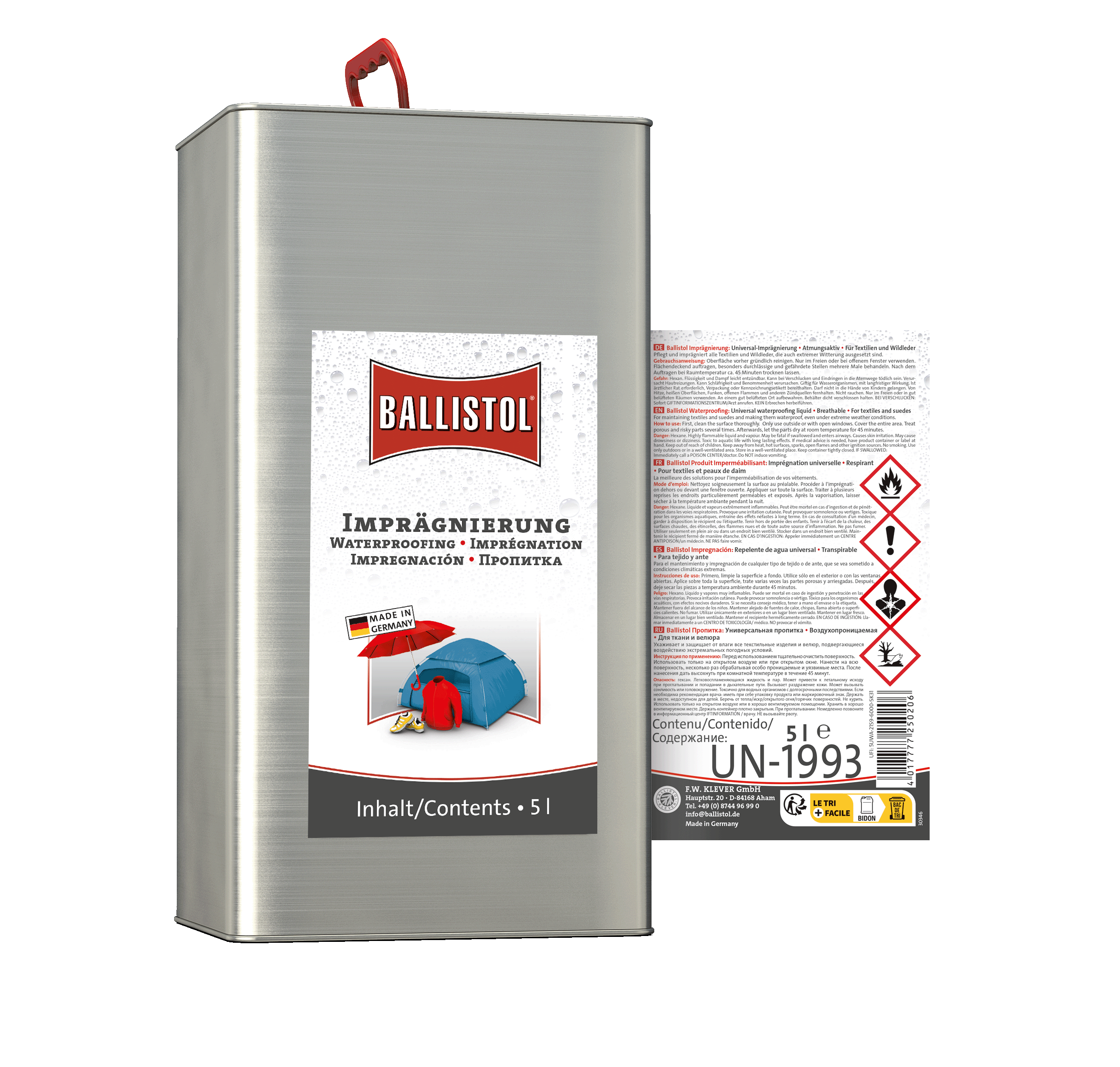 Ballistol Imprägnierung Pluvonin, 5-Liter-Kanister, Rückseite