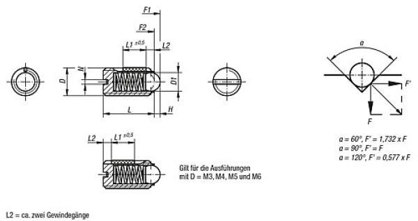 Federndes Druckstück Standard Federkraft M03 L=7 Stahl, LONG-LOK, Komp: Kugel aus Stahl - K0321.03 - gibt’s bei HUG Technik ✓