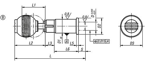 Präzisions-Arretierbolzen gehärtet, Form: B Stahl, zylindrisch, Komp: Thermoplast, D3=16, D=10 - K0361.110 - erhältlich bei ✭ HUG Technik ✓