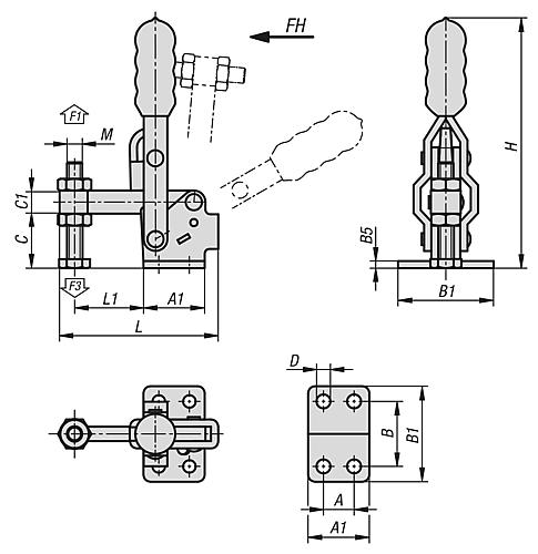 Schnellspanner, Fuß waagrecht, Mini, F1=800, Feste Andruckspindel M06x40, Edelstahl blank, Komp: Kunststoff - K1254.1800 - direkt von HUG Technik ✓