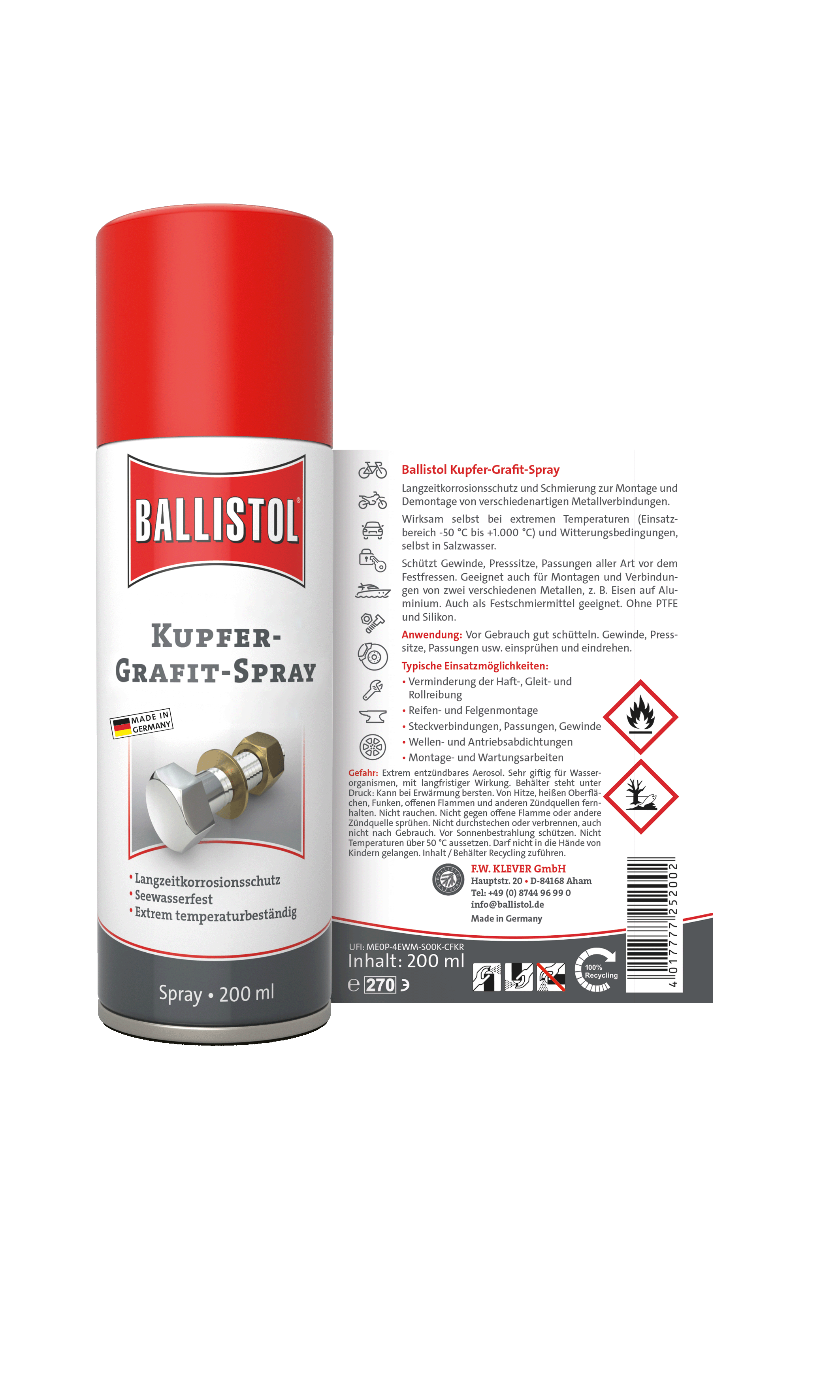 Ballistol Kupfer-Grafit-Spray, 200 ml, Rückseite mit Produktinformationen