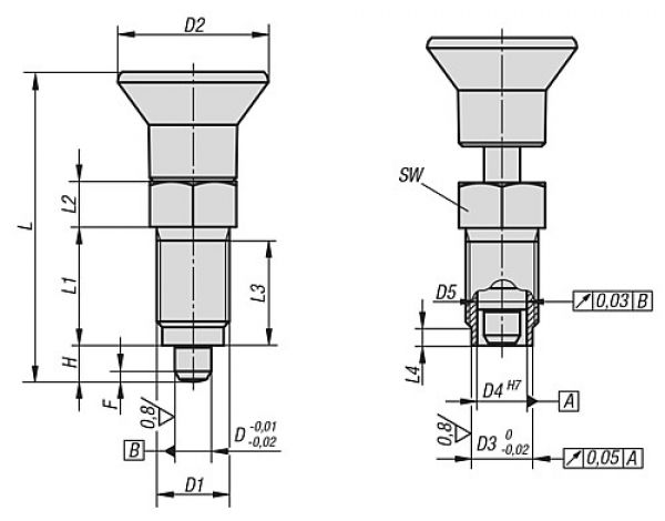 Arretierbolzen Premium gehärtet Gr.1 M10x1, Form: A Thermoplast, zylindrisch, Komp: Edelstahl, D=5 - K0736.401105 - bei HUG Technik ✭