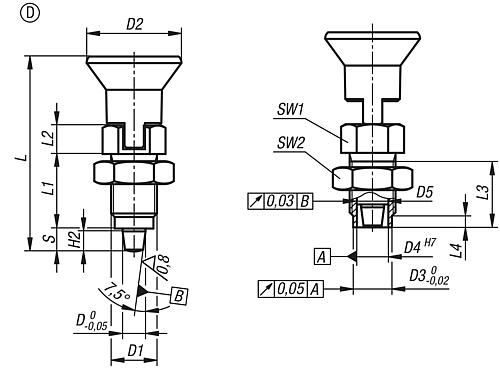 Arretierbolzen Premium mit konischem Arretierstift Gr.1 M10X1, D=5, Form: D mit Rastnut mit Kontermutter, Edelstahl - K0736.504105 - bei HUG Technik ✭