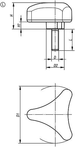 Dreisterngriff ergonomisch M08x20 D1=80 Kunststoff, schwarz RAL7021, Komp: Stahl - K0785.8008X20 - bei HUG Technik ✓