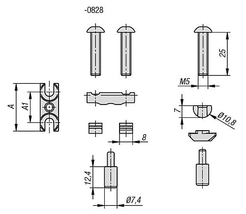 Bolzenverbinder Typ B, B2=8, Stahl verzinkt, Komp:Polyamid Komp:schwarz - K1038.0828 - direkt von HUG Technik ✓