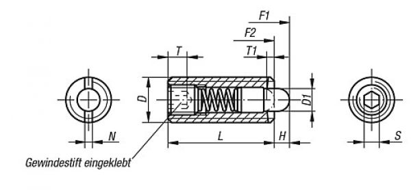 Federndes Druckstück Standard Federkraft M03 L=10 Stahl, Komp: Bolzen aus Stahl - K0317.03 - bei HUG Technik ☆