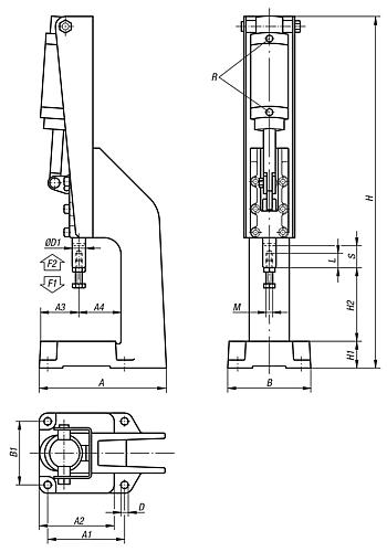 Zeichnung Kniehebelpresse Pneumatikausführung, Form: A Stahl, Komp: Stahl - K0096.2500 - erhältlich bei ♡ HUG Technik ✓