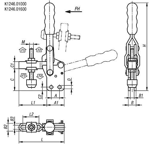 Zeichnung Schnellspanner, Fuß senkrecht, Standard, F2=1600, verstellb. Andruckspindel M06x50, Stahl verzinkt - K1246.01600 - bekommst Du bei ★ HUG Technik ✓
