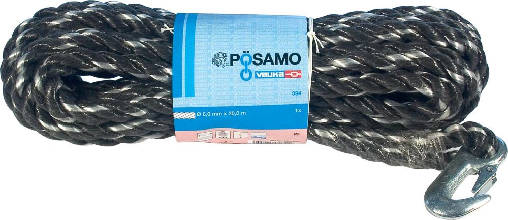 PÖSAMO Seil PP 14,0mm, 10m Docke gedreht mit Karabiner, schwarz-weiss - kommt direkt von HUG Technik 😊