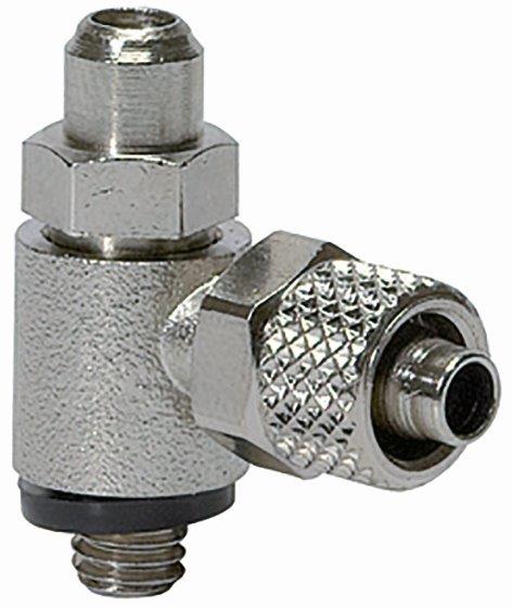 Drosselventil beidseitig, mit Schlitzschraube, M5, Schlauch 4 / 2,5, Schnellverschraubung, Messing vernickelt - bei HUG Technik ☆