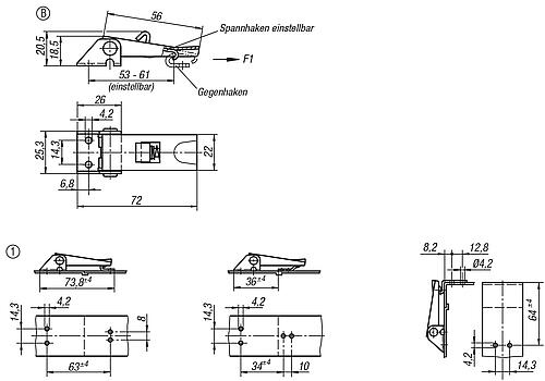 Zeichnung Spannverschluss einstellbar, Form: B Edelstahl, Anschraubbohrung sichtbar - K0046.2420722 - gibt’s bei ☆ HUG Technik ✓