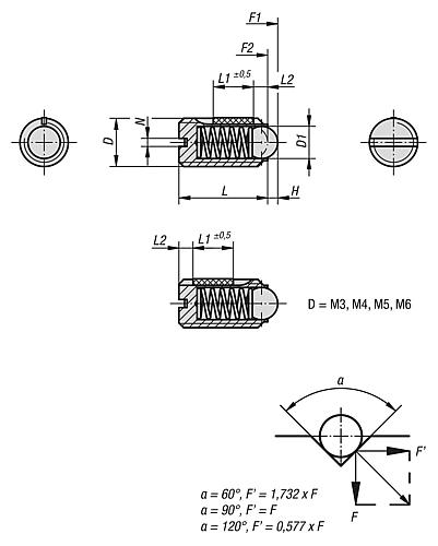 Zeichnung Federndes Druckstück Standard Federkraft M03 L=7 Edelstahl, LONG-LOK, Komp: Kugel aus Edelstahl - K0322.03 - bei HUG Technik ✭