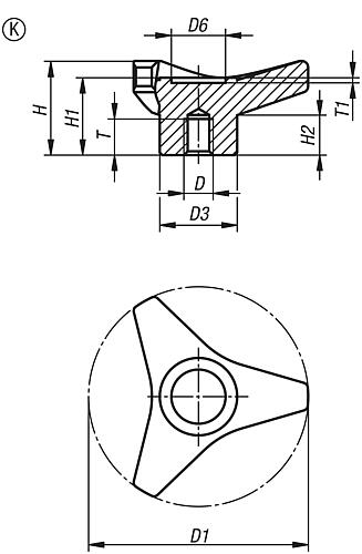 Dreisterngriff Innengewinde M12, Form: K, D=105 - K1083.210512 - kommt direkt von HUG Technik 😊
