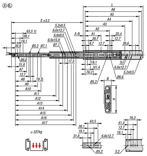 Teleskopschiene L=1016 19,1X76,2, Vollauszug S=1016, Fp=237, Form A, Stahl verzinkt, Montage seitlich, 1 Stück - K1719.10160 - bei HUG Technik ☆