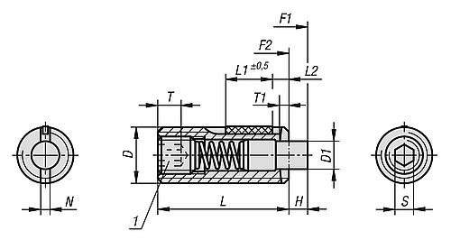 Federndes Druckstück Standard Federkraft M05 L=18 Edelstahl, flach, Long-Lok, Komp: Bolzen aus POM - K1382.05 - gibt’s bei ☆ HUG Technik ✓