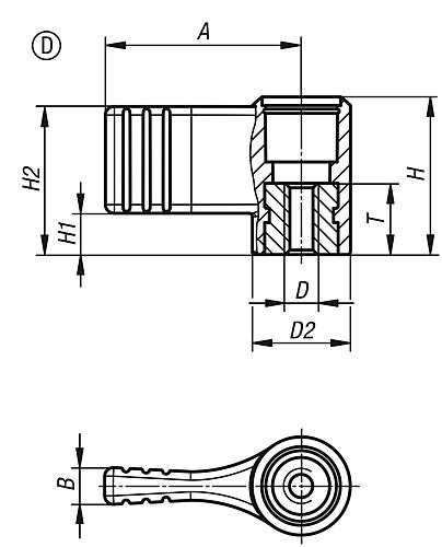 Flügelgriff ohne Deckel Gr.1 M05, A=27,5, Form: D Thermoplast, schwarz RAL7021, einseitig, Komp: Edelstahl - K0608.10105 - direkt bei HUG Technik ✓