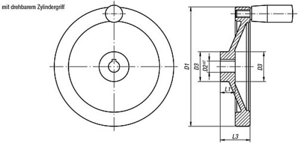 Handrad mit Nut D1=100 Aluminium, Komp: Duroplast, D2=10 - K0161.5100X10 - kommt direkt von HUG Technik 😊