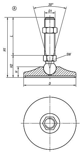 Zeichnung Gelenkfuß M10X100, Form:A Stahl, D=50 - K0742.005010X100 - direkt bei HUG Technik ✓