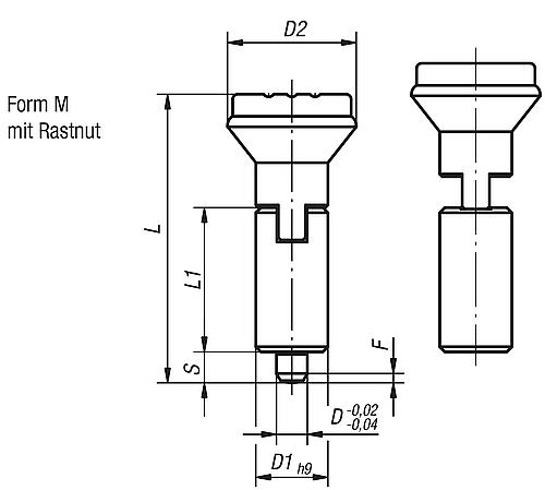 Arretierbolzen Gr.1, Form: M Edelstahl, gehärtet, Komp: Thermoplast, D1=12, D=5 - K0347.02105 - bei HUG Technik ✭