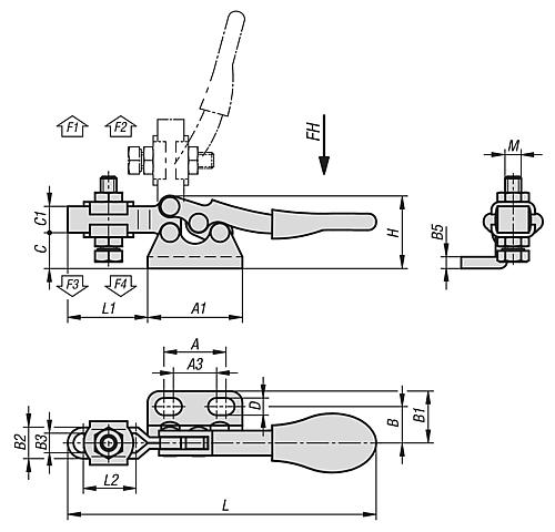 Schnellspanner Horizontal Mini, Fuß waagrecht F1=250, verstellbare Andruckspindel M04x20, Stahl verzinkt, - K1544.0250 - erhältlich bei ✭ HUG Technik ✓