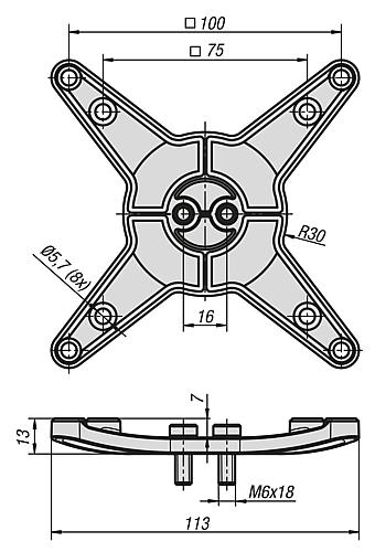 Zeichnung Monitorhalterung Anschlussplatte Vesa Gr.75/100, Aluminium - K1510.75100 - bekommst Du bei ★ HUG Technik ✓