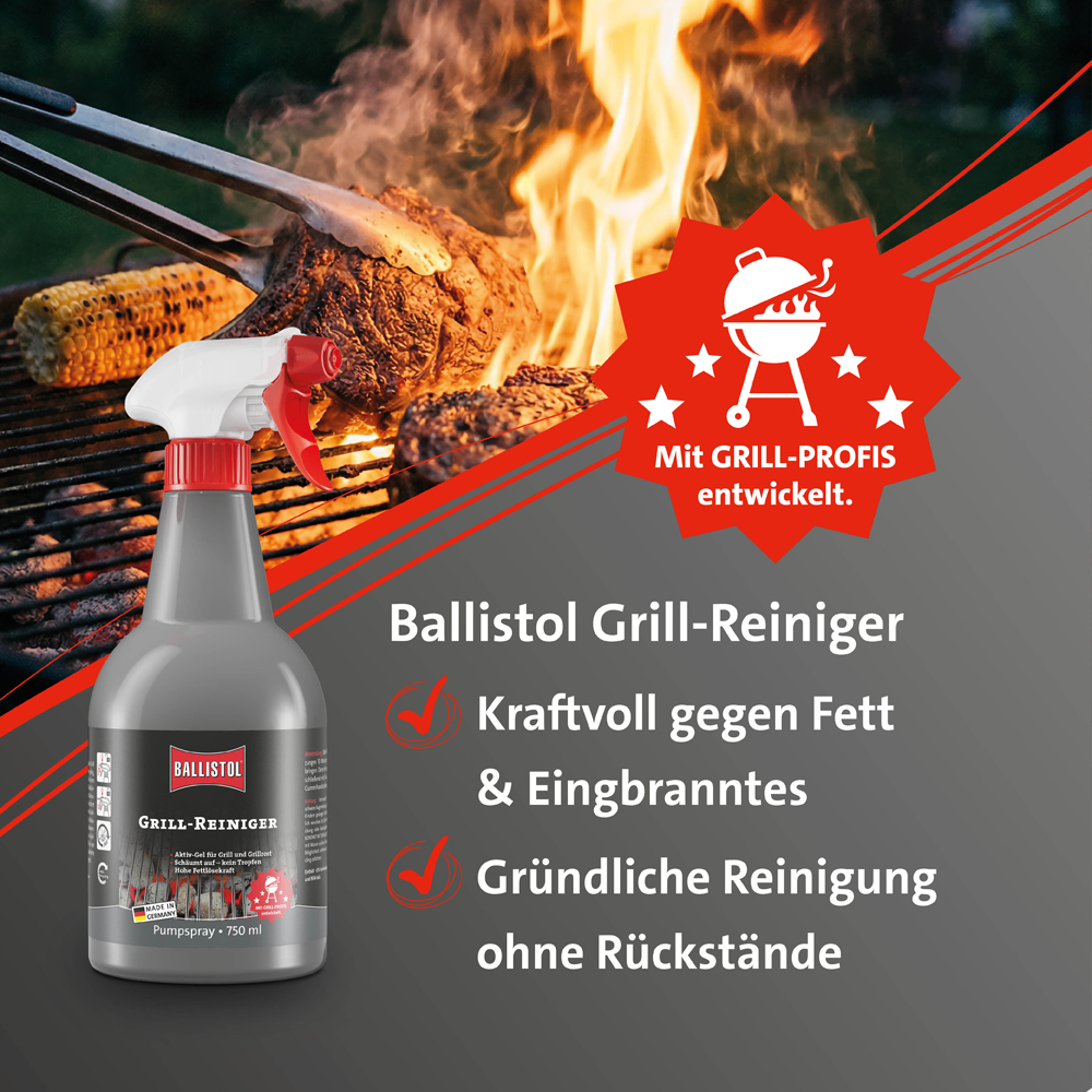 Ballistol Grillreiniger am Grill mit Grillgut im Hintergrund