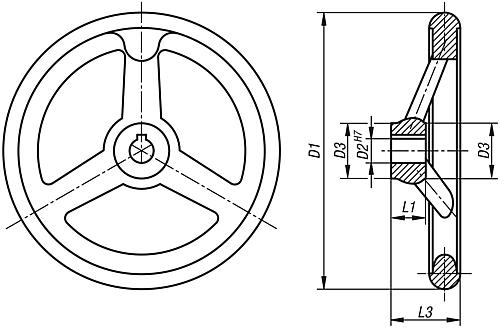 Handrad mit Nut D1=100 Aluminium, ohne Griff, Komp: Aluminium, D2=10 - K0160.1100X10 - bei HUG Technik ✭
