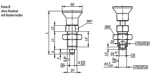 Arretierbolzen Premium mit zyl. Arretierstift Gr.1 M10X1, D=5, Form: B ohne Rastnut mit Kontermutter - K0736.402105 - bei HUG Technik ✓