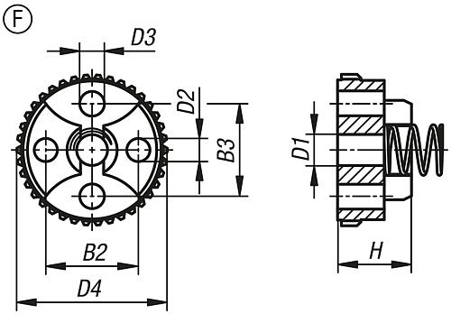 Zeichnung Rastelement mit Außenverzahnung, Form: F, D4=23, N=38, H=9,5, Edelstahl blank, Komp: Edelstahl - K1446.162338 - erhältlich bei ✭ HUG Technik ✓