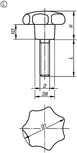Sterngriff M12x50 D1=63, Form: L Duroplast, Komp: Stahl - K0152.46312X50 - direkt bei HUG Technik ✓