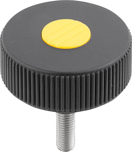 Rändelrad Gr.1 M05X10, Form: L Thermoplast, schwarz RAL7021, Komp: Edelstahl, Komp: gelb RAL1021, D=40 - K0261.51057X10 - bekommst Du bei HUG Technik ♡