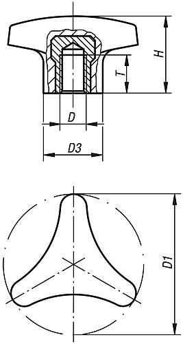 Dreisterngriff Innengewinde M06 Duroplast, Komp: Stahl, D=40 - K0183.14006 - bei HUG Technik ✭