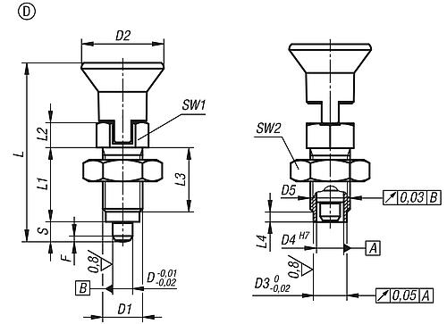 Arretierbolzen Premium mit zyl. Arretierstift Gr.1 M10X1, D=5, Form: D mit Rastnut mit Kontermutter, Edelstahl - K0736.404105 - erhältlich bei ✭ HUG Technik ✓