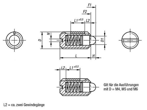 Federndes Druckstück leichte Federkraft M04 L=9 Stahl, LONG-LOK, Komp: Bolzen aus Stahl - K0323.104 - gibt’s bei HUG Technik ✓