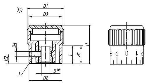 Rändelknopf mit Skalierung Gr.1 D=5, Form: C Thermoplast, schwarz RAL7021, Komp: Stahl, Komp: schwarz RAL7021 - K0248.3105 - bei HUG Technik ☆