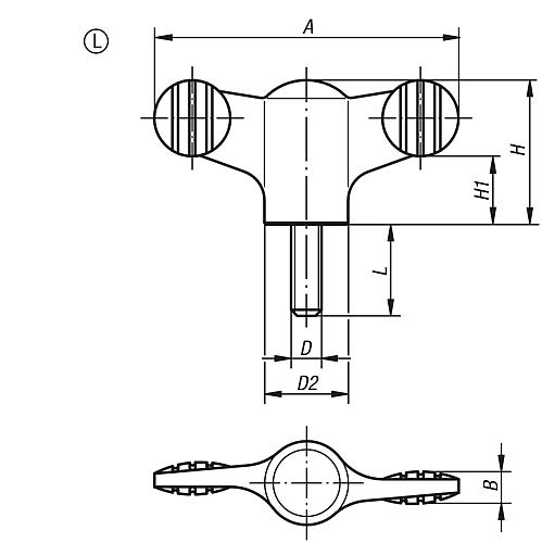 Flügelgriff antistatisch M06x20, A=50 Thermoplast, schwarz RAL9011, Komp: Stahl - K0274.1110624x20 - bekommst Du bei ★ HUG Technik ✓