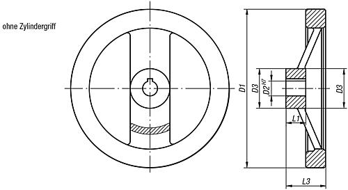 2-Speichenhandrad D1=100 Passbohrung D2=10H7, Aluminium, schwarz pulverbeschichtet, ohne Griff - K0162.01100X10 - erhältlich bei ✭ HUG Technik ✓