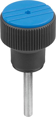 Drehmoment-Rändelknopf Gr.2 D=M05x30, Thermoplast schwarz RAL7021, Komp: Stahl, Deckel: blau RAL5017 - K0277.2053X30 - gibt’s bei HUG Technik ✓