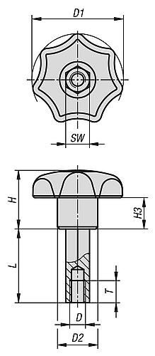 Zeichnung Sterngriff Verlängerter Bund M05 L=20, D1=32, H=20, SW=8, Form:K, Thermoplast schwarz, Komp:Stahl Komp:blau passiviert - K1291.320508020 - bei HUG Technik ✭