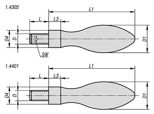 Ballengriff feststehend DIN39 M06, D1=16, Form: E Edelstahl 1.4401 poliert, Komp: Edelstahl, L1=51 - K1199.10616050 - direkt von HUG Technik ✓
