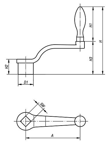 Handkurbel gekröpft L2=109, Form:D Grauguss, drehbar, Komp:Grauguss, S=10 +0,2 L1=80 - K0684.208X10 - bei HUG Technik ✭