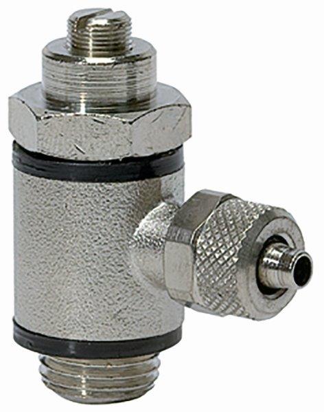 Drosselventil beidseitig, mit Schlitzschraube, G 1/4, Schlauch 10 / 8, Schnellverschraubung, Messing vernickelt - gibt’s bei HUG Technik ✓
