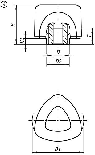 Dreisterngriff ergonomisch M10 D1=67,7 H=36, Form: K Kunststoff, schwarz RAL7021, 2-Komponenten, Komp: Edelstahl - K0980.06310 - bekommst Du bei HUG Technik ♡