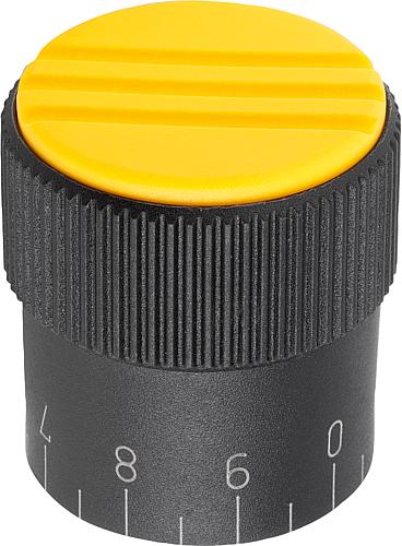 Rändelknopf mit Skalierung Gr.1 D=5, Form: C Thermoplast, schwarz RAL7021, Komp: Stahl, Komp: gelb RAL1021 - K0248.31057 - direkt bei HUG Technik ✓